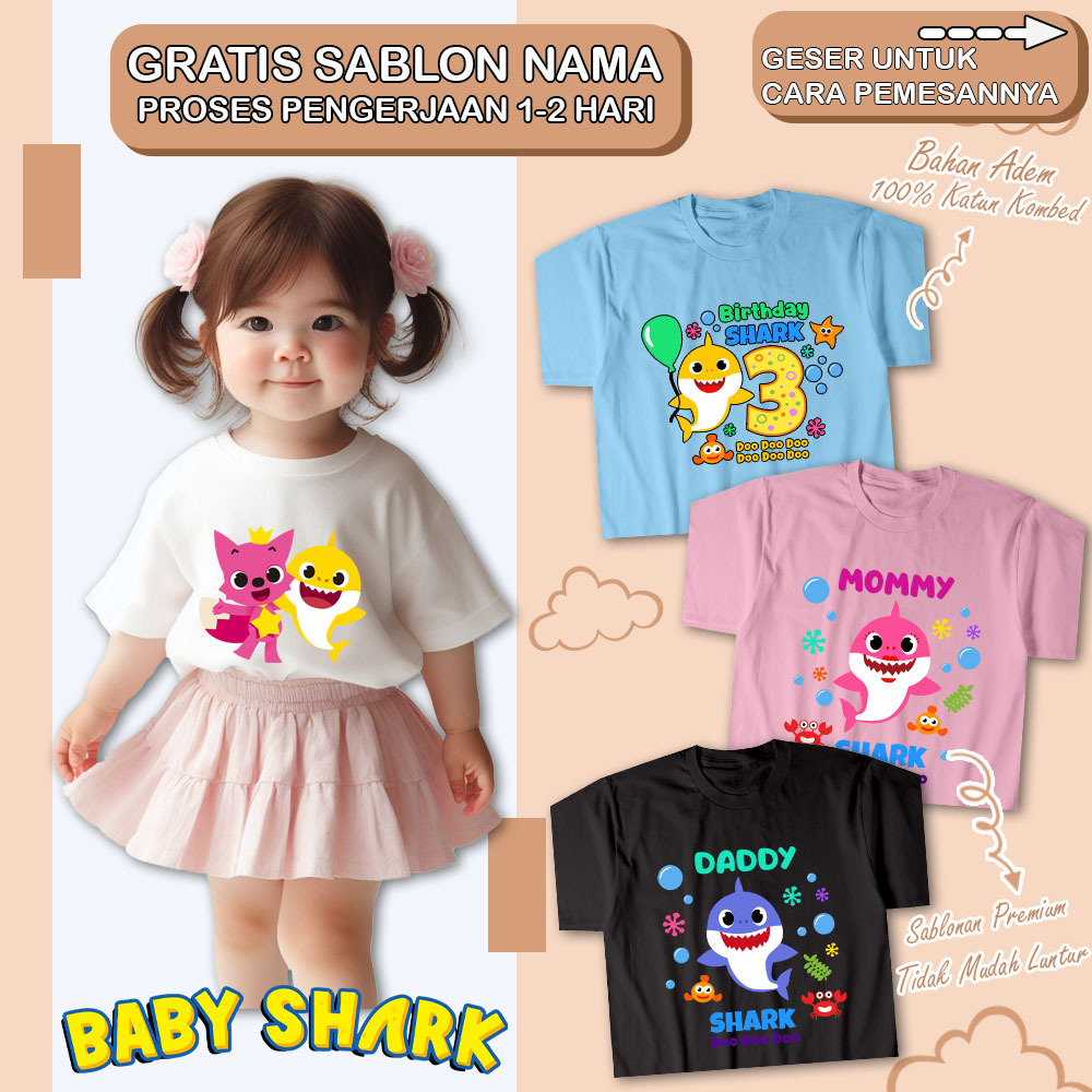 KAOS COUPLE IBU DAN ANAK KARAKTER BABY SHARK / BAJU COUPLE KELUARGA MOTIF BABY SHARK