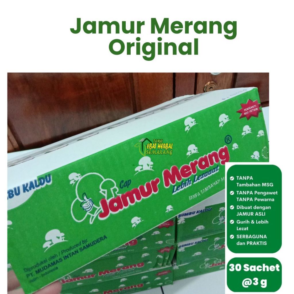 

Bumbu Kaldu Bubuk Cap Jamur Merang Rasa Original Jamur 1 Dus Isi 10 Pack | @Pack Isi 30 Sachet | Rasa Aroma Jamur Pengganti MSG Vetsin Halal BPOM Non MSG Vetsin Penyedap Rasa Sehat