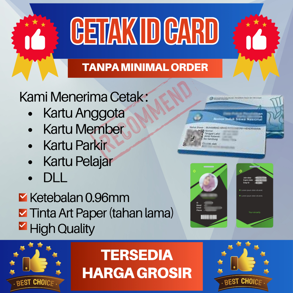 

Cetak Id Card/kartu member/kartu pelajar (Tebal 0.96mm) HARGA Satuan / GROSIR (lebih banyak lebih murah)