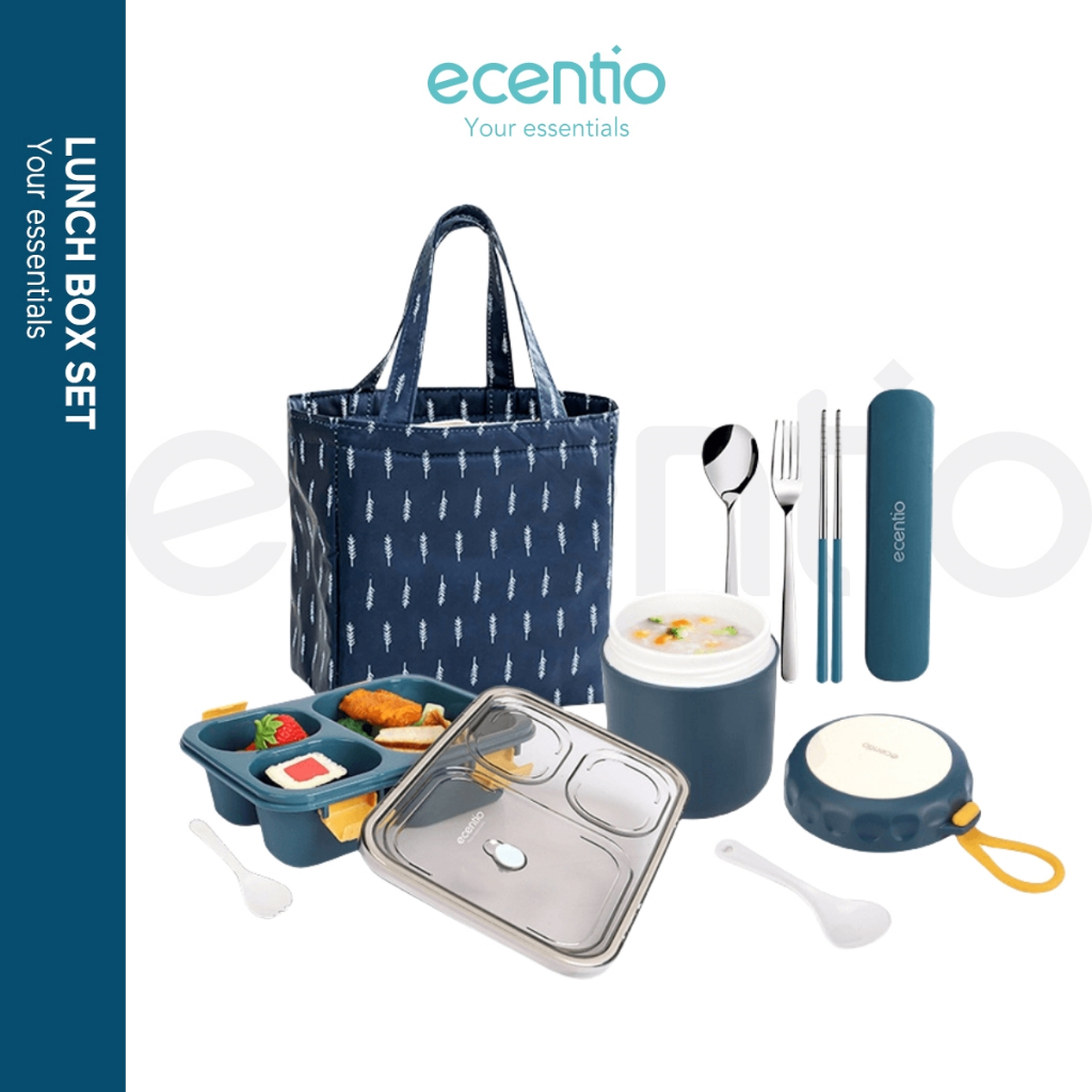 ecentio Kotak Makan set Lunch Box tas set/3 Grid Kotak Bekal/botol/Tas Bekal/set slat makan kotak ma