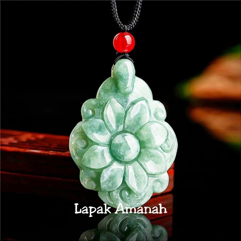 Liontin Giok Burma Asli Tipe A Curving Bunga Lotus Original