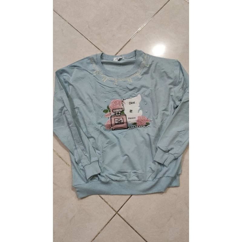 Kaos import lengan panjang motif bordir bunga hiasan kuhan mojo toramisu mf meifei tibesi 100%