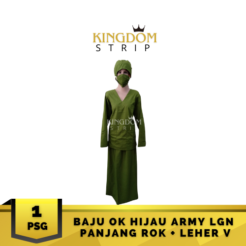 Baju OK Hijau Army Lengan Panjang Baju Leher V Rok