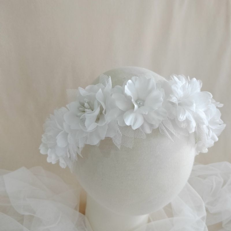 White Flower Crown | Mahkota Bunga Bandana Bayi | Bando Headband Anak Dewasa