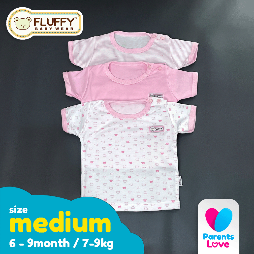 FLUFFY - Baju Lengan Pendek Kancing Bayi 6-9 Bulan | 3pcs | Size M | Pink