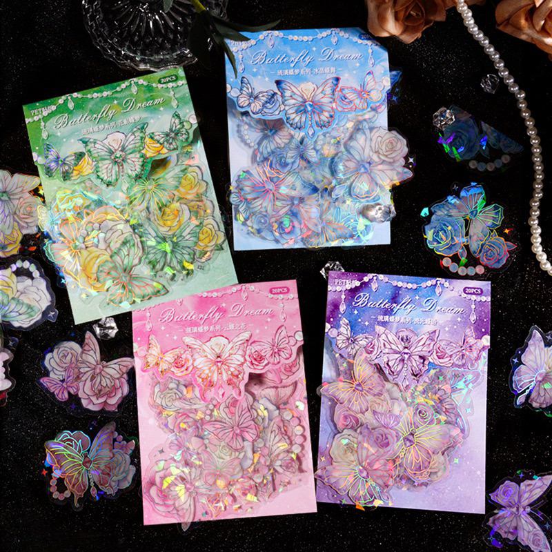 

(2CD) sticker transparan hologram kupu mutiara bunga rose pearl journaling