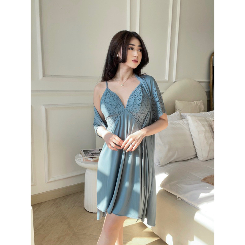 BESTPROMO Cyelinee Sleep Wear Dress + Kimono + Panties + Belt Winter Blue