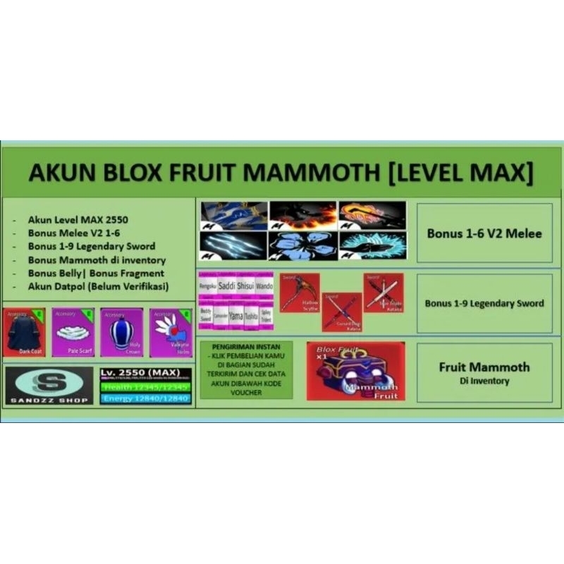 Akun Blox Fruit MAMMOTH [Level MAX] [Datpol] [Belum Verifikasi]