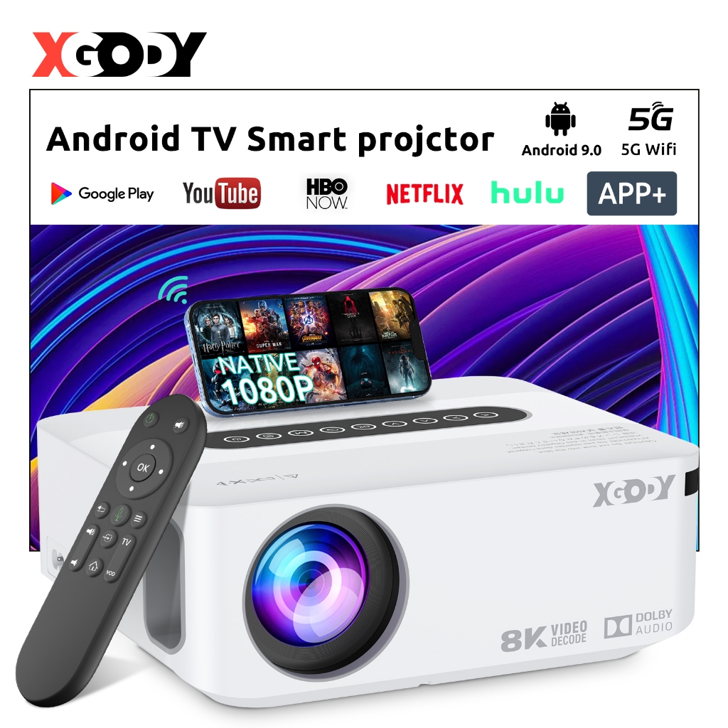 XGODY Proyektor X1 12000 Lumens Native 1080P 400ANSI Lumens Samrt Android Dolby Audio Netflix Youtub