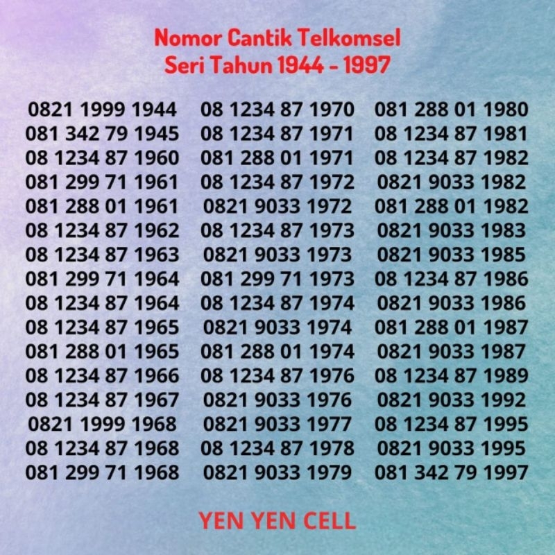 Nomor Cantik Kartu Perdana Telkomsel Simpati Seri Tahun Belakang Buntut Ekor Akhiran 1965 / 1966 / 1