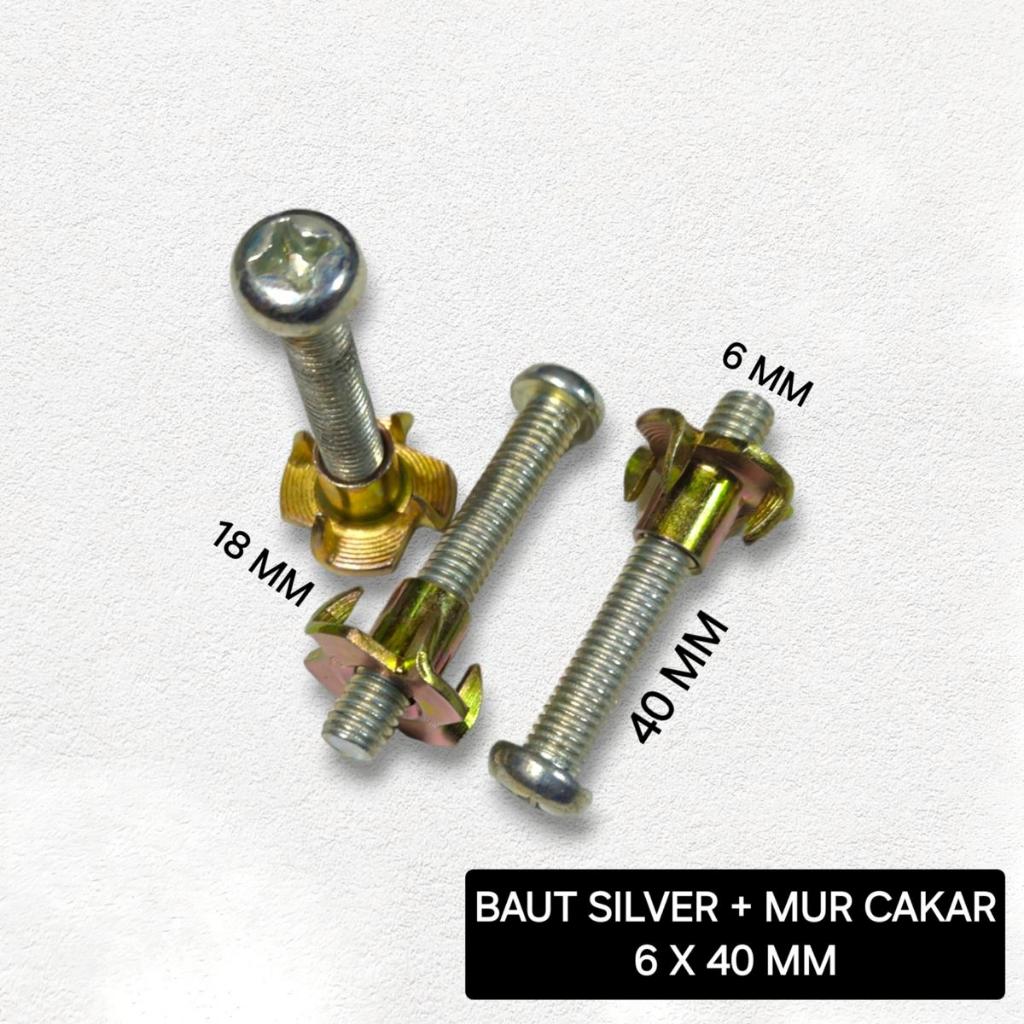 Baut Mur Cakar 6x40mm 6x40 mm Sekrup Silver Lubang Plus (+)