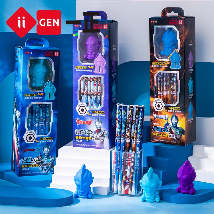 

iiGEN Pensil Ultraman set dengan rautan dan Topper Figure Ultraman isi 6pc Pensil Kayu HB Ultraman Rautan Pensil Ultramen