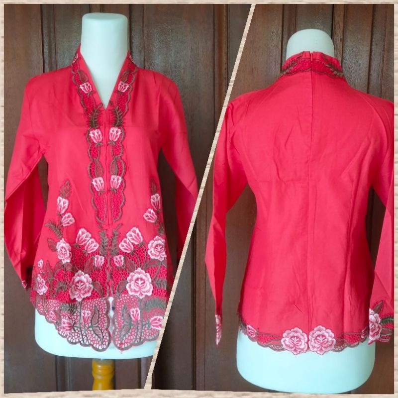 kebaya encim bordir warna merah lengan panjang murah