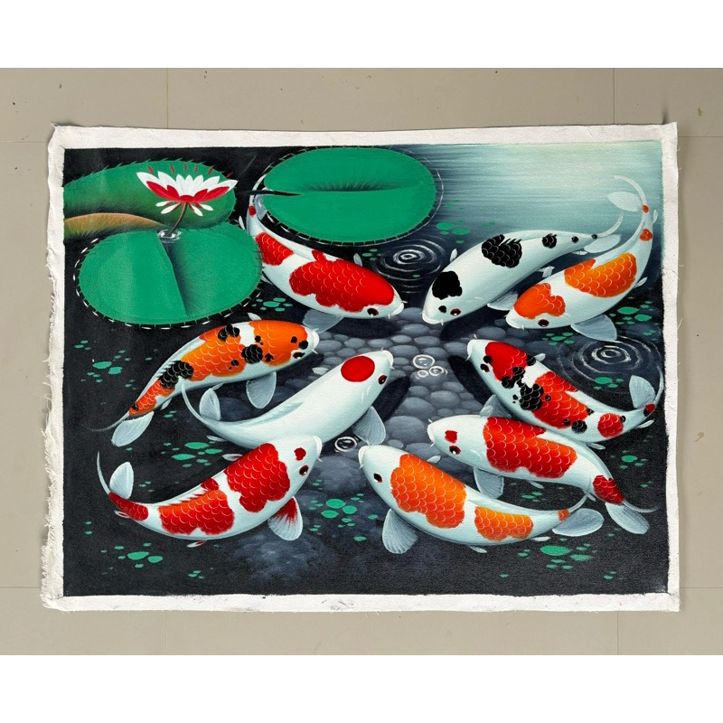 Lukisan Ikan Koi, Lukisan Fengshui, Lukisan Kanvas, Hiasan Dinding Ukuran 60 x 80 cm 100% Buatan Tan