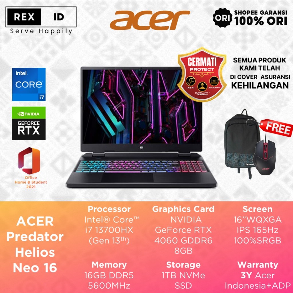 Acer Predator Helios NEO 16 PHN16 RTX4060 8GB Core i7-13700HX Ram16GB 2TB Windows 11 + Office Home Student 16"QHD IPS 165Hz