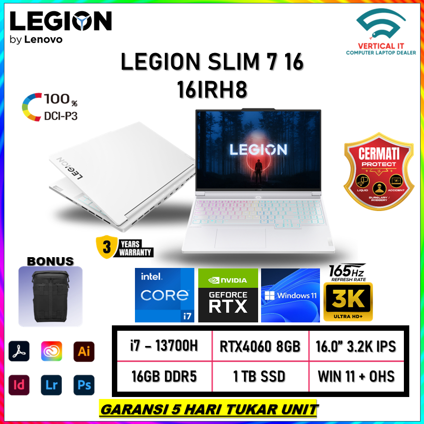 Laptop Gaming Lenovo LEGION SLIM 7 16IRH8 Rtx4060 8gb Core i7 13700H Ram 16gb Ram 1TB 16.0inch 3.2K 165Hz Win 11 OHS -82Y3002AID