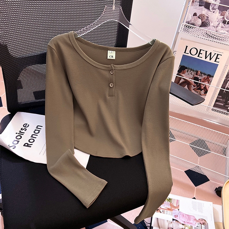 Kaos Pendek Lengan Panjang Berusuk Kancing Coklat Atasan Seksi Fashion Korea