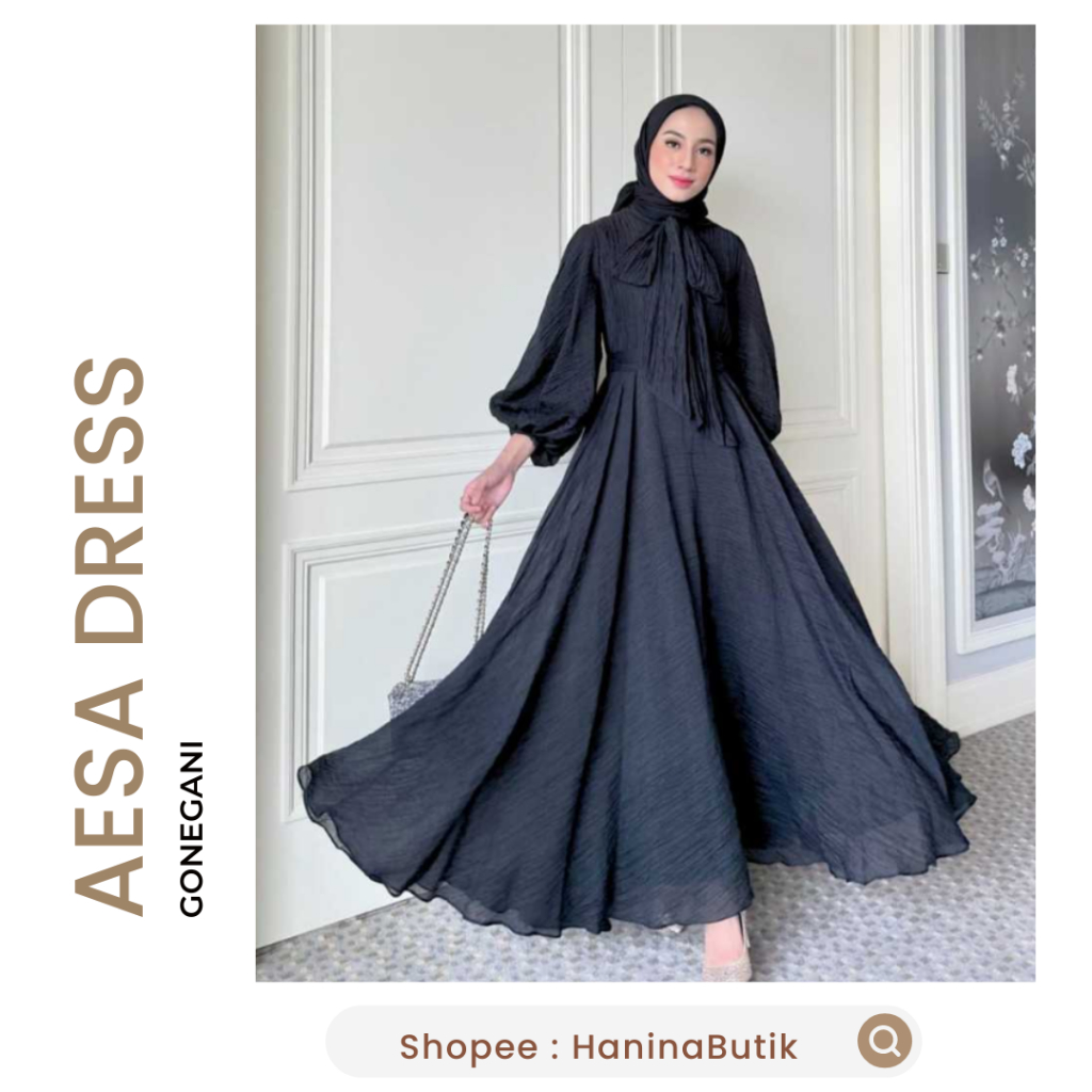 (𝗦𝗜𝗔𝗣 𝗞𝗜𝗥𝗜𝗠) AESA DRESS BLACK SIZE L by GONEGANI | AESA DRESS SNOW TISSUE DRESS RAYA SERIES POLOS GO