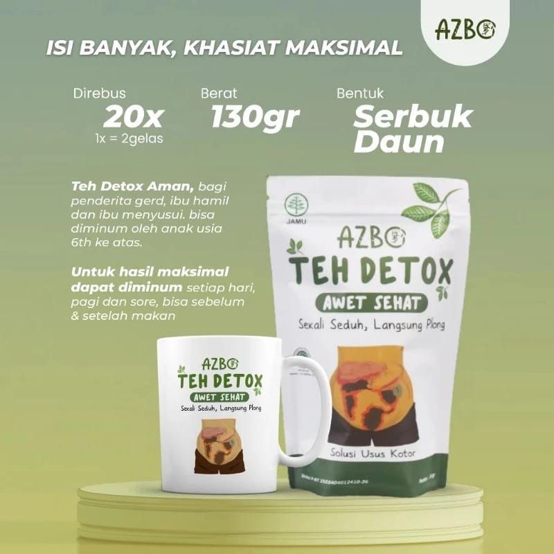 

Azbo teh detox pelancar BAB mengatasi sembelit membersihkan usus kotor anti begah halal LPPOM 130 Gram