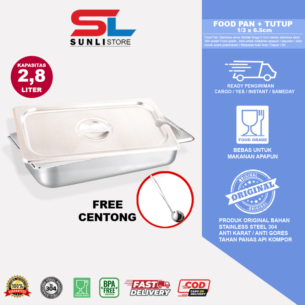 SUNLI - Food Pan Satu set 1/3 x 6,5 cm+Tutup / wadah makanan kapasitas 2.8L / Gastronom pan / wadah 