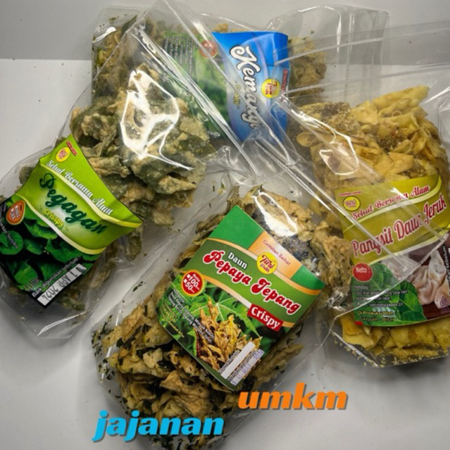 

Promo 4pcs Keripik pangsit Daun jeruk,pepaya jepang,pegagan,kemangi Crispy gurih renyah dan pastinya sehat