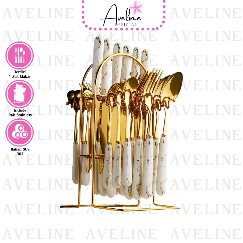 Aveline Sendok Set Sultan / Sendok Gold / Cutlery Set / Stainlees Set  / Sendok Set Marble / Rak Sen