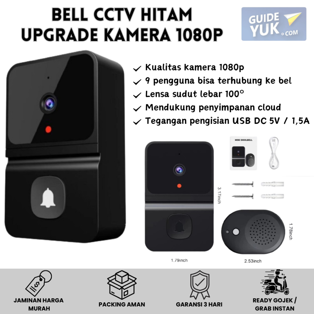 Bell Rumah Wireless Hitam / Bell Rumah Dengan Kamera 1080p / Bell Rumah CCTV