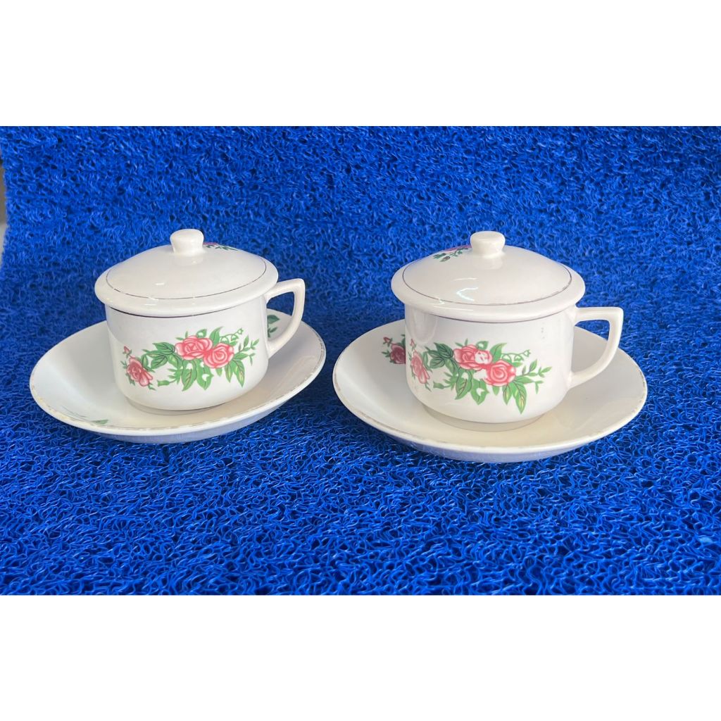 [6 SET CANGKIR+LEPEK+TUTUP] Cangkir Lepek Tutup Keramik Vintage / Cangkir Kopi Jadul / Cangkir Kopi 