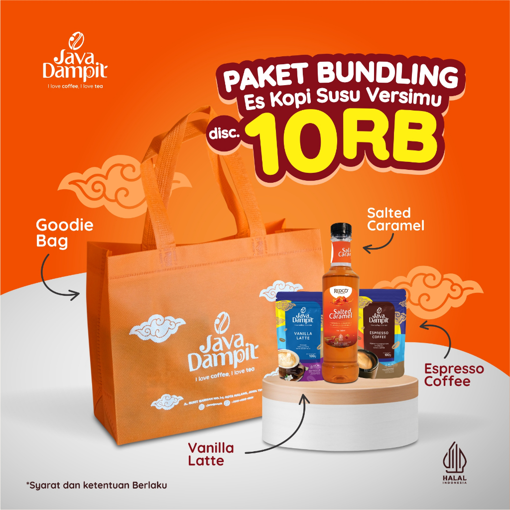 

PAKET BUNDLING ES KOPI SUSU VERSIMU (Espresso Coffee 100g, Vanilla Coffee 100g, Caramel Latte Syrup, Goodie Bag)