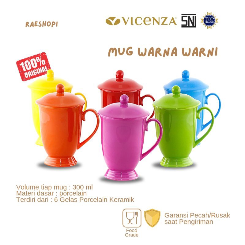 Vicenza 6 Mug Set Keramik Warna-Warni dengan Tutup 300 ml M30
