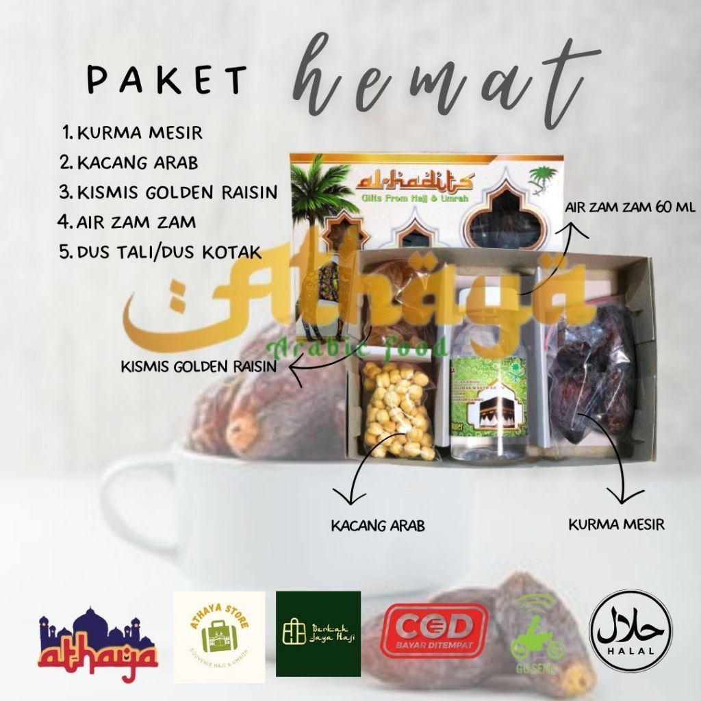 

Hemat Oleh-oleh Haji Umroh Souvenir Kardus Isi Air Zam Zam Kurma Mesir Kismis Kacang Arab / Paket Khas Arab