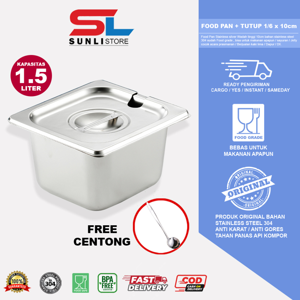 SUNLI - Food pan Satu set 1/6 x 10cm + TUTUP / food pan stainless Ukuran 1/6  / Tempat makanan stain