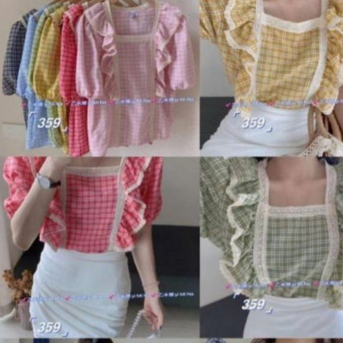 Atasan ruffle lengan pendek renda motif kotak moscrepe import merk yimina (kode 359)