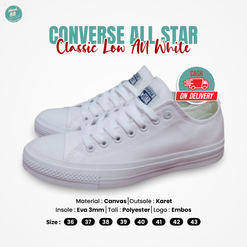 Sepatu Converse All Star Classic Low All White Sneakers Kets Putih Polos Casual Pria Wanita Free Box
