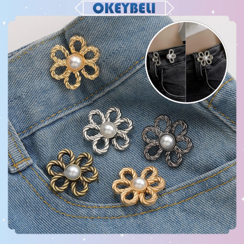 •OKEY BELI•KJ1536 Kancing Jeans Tusuk Motif Bunga Adjustable Pengait Celana Kebesaran Tanpa Dijahit