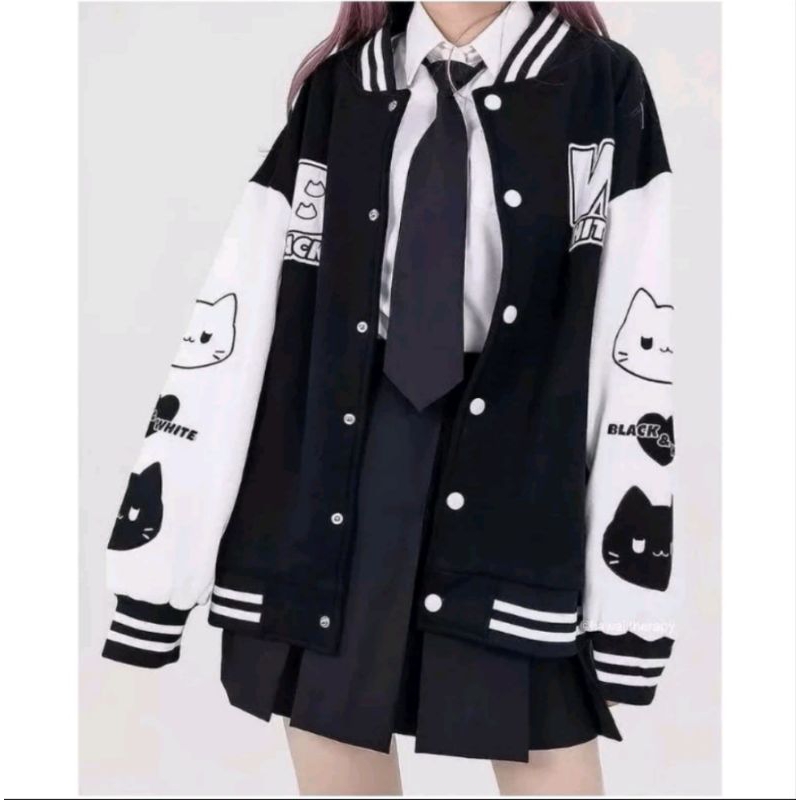 Jaket baseball varsity pendek - WHITE LIST WB - Jaket black white wanita Varsity