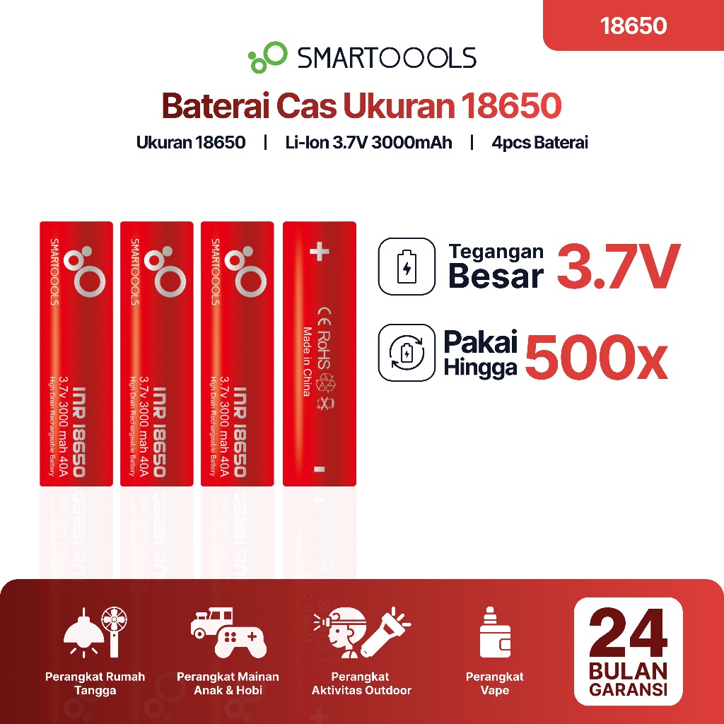 Baterai Cas Isi Ulang 4pcs Smartoools Ukuran 18650 Kapasitas 3000mAh Output 3.7V Rechargeble Battery