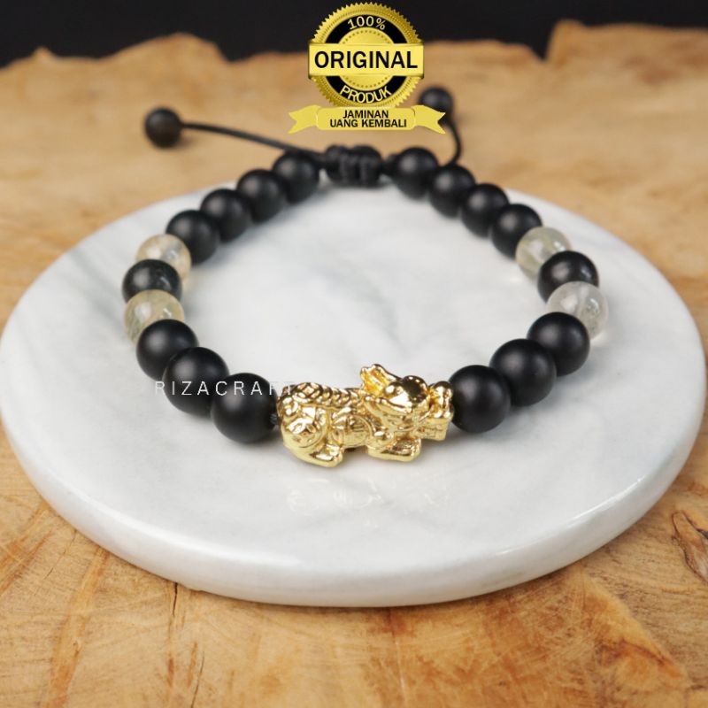 Gelang Rich Bracelet Pixiu Naga Emas Batu Alam Asli Pria Dan Wanita