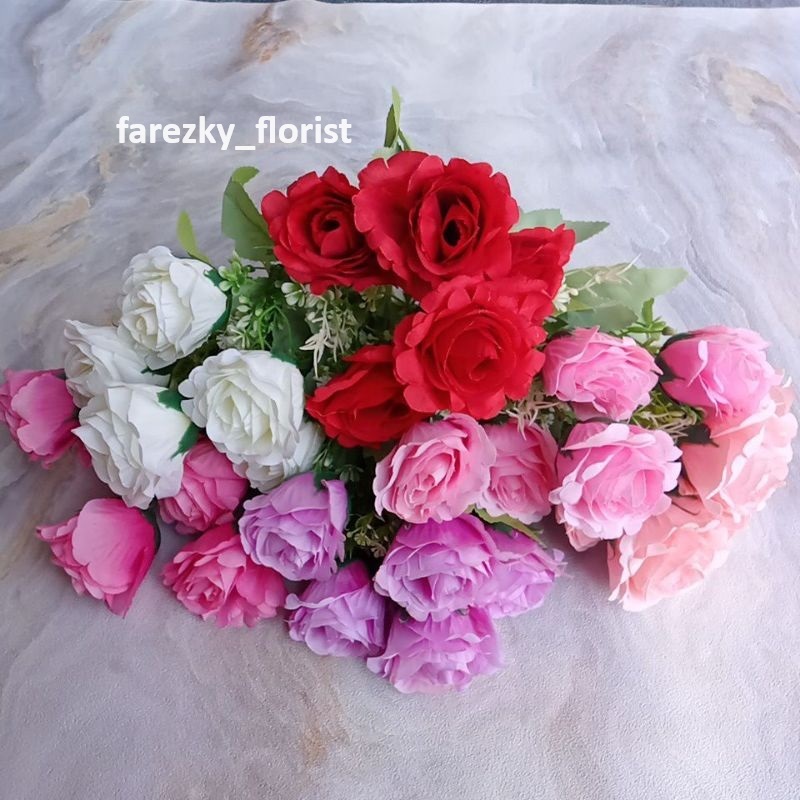 mawar grandiflora cabang 5 artificial / bunga mawar tiruan / bunga mawar plastik / bunga mawar murah