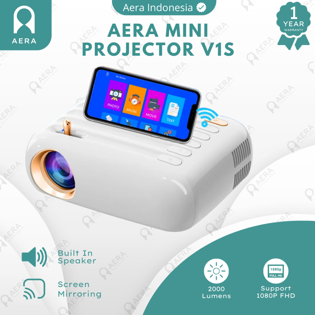 Aera Smart Proyektor Wifi V1S 2000 Lumens Proyektor Mini Portable Full HD 1080P Mirroring HP Project