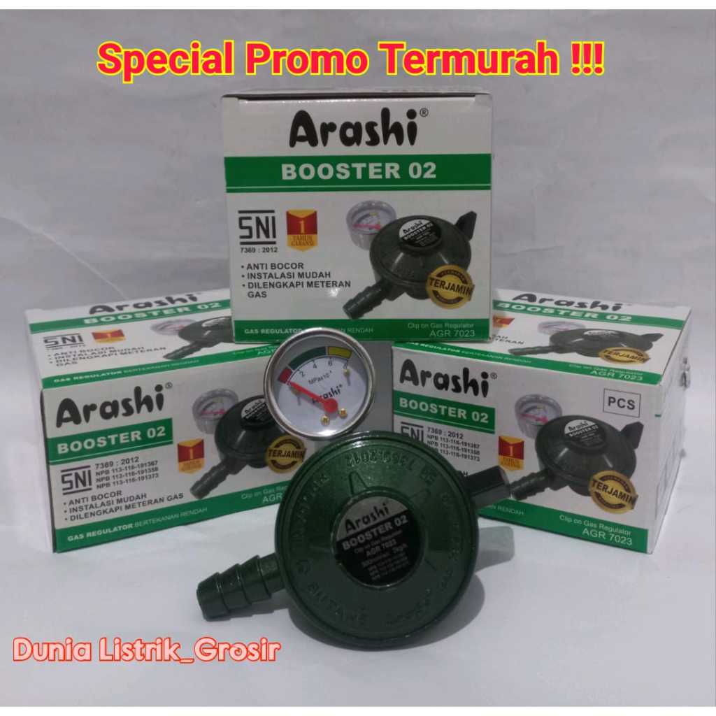 GROSIR Regulator + Meter Gas LPG Tekanan Rendah SNI Arashi  Booster 02 Regulator Kompor Gas, Grosir 