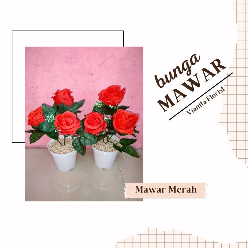 BUNGA MAWAR MERAH ARTIFICIAL + POT
