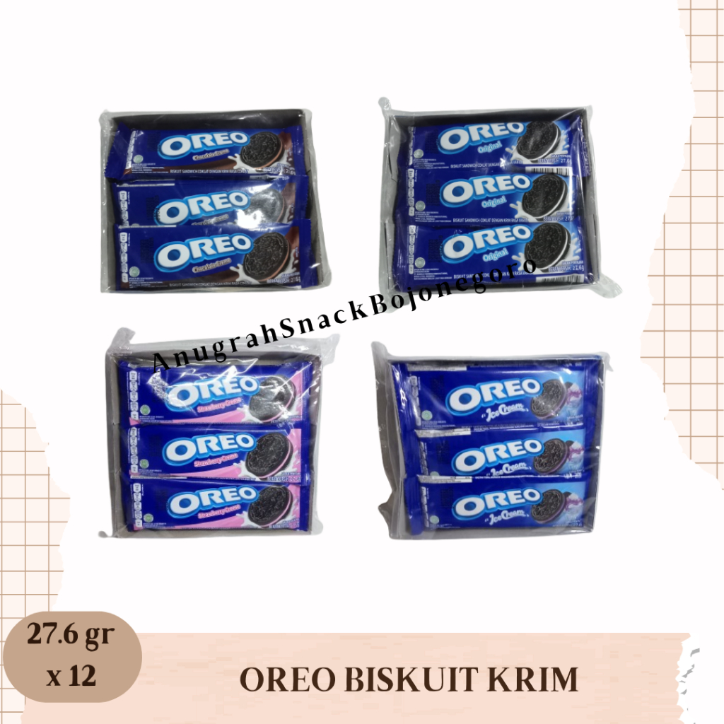 

Oreo Biskuit Krim 27.6gr x 12 (Coklat / Vanilla / Strawberry / Ice Cream)