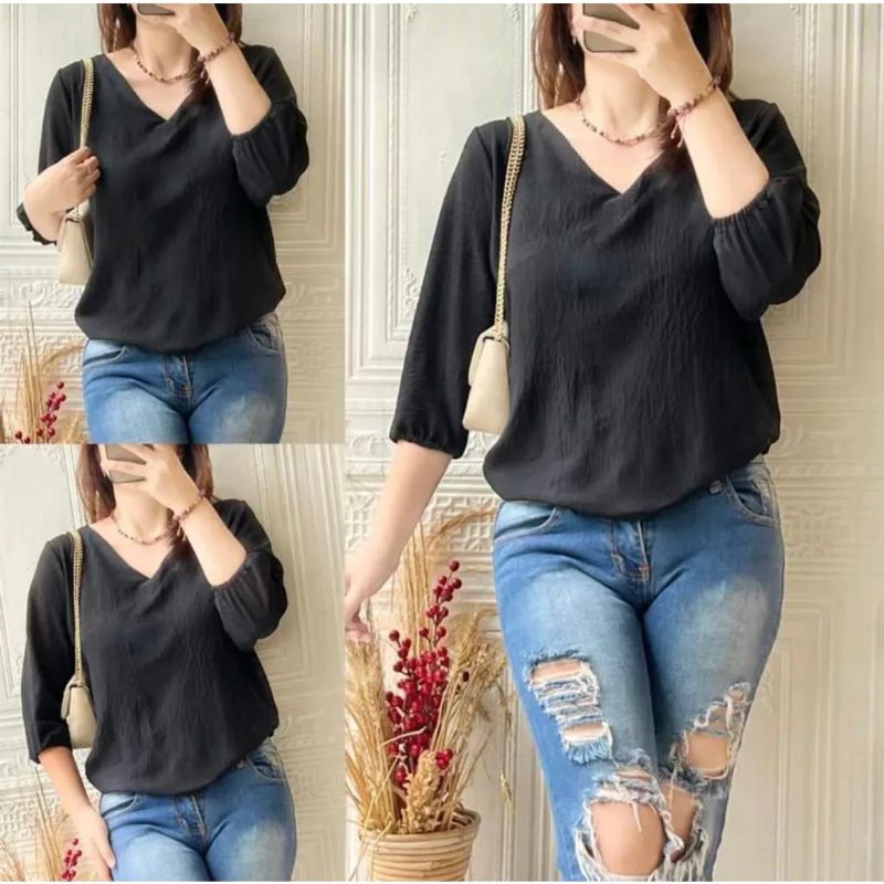 Atasan Wanita Blouse V neck Size L XL XXL Terbaru Termurah