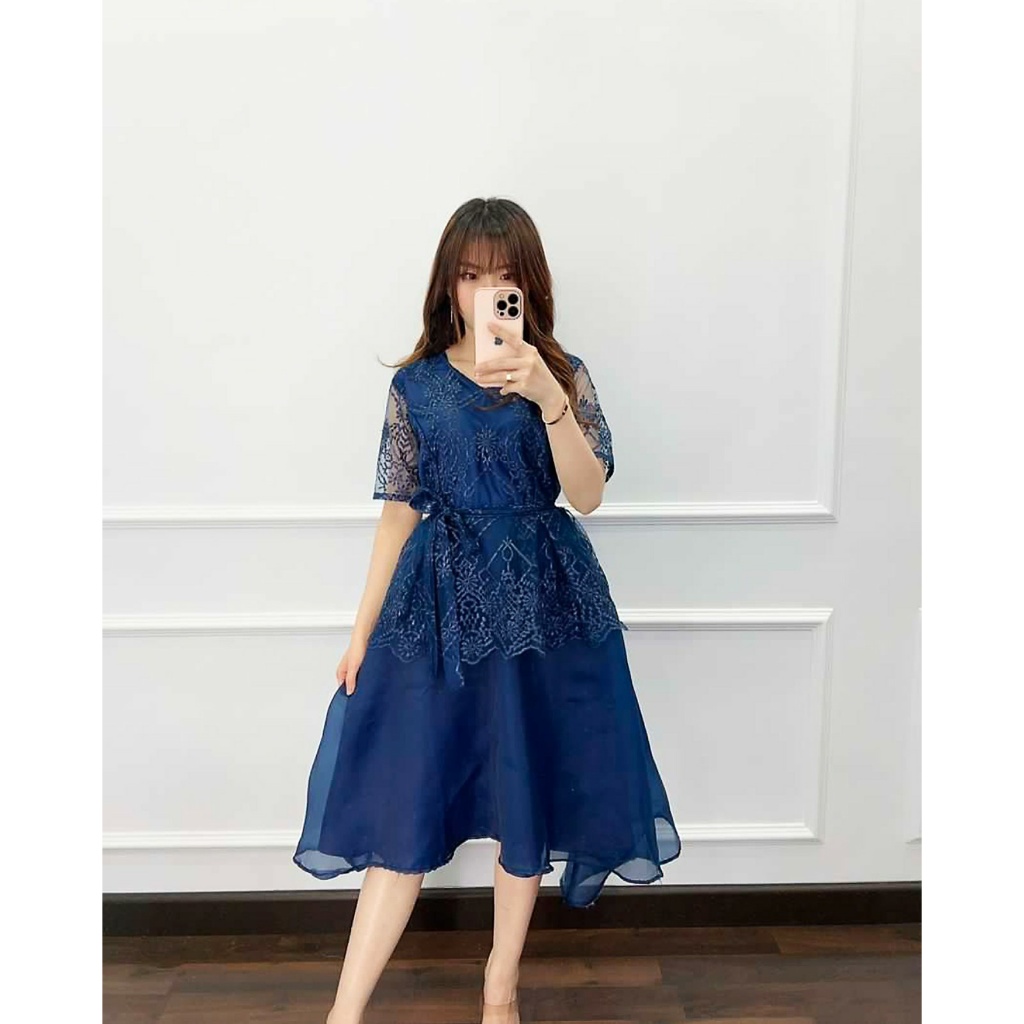 Dress wanita pesta Kondangan mewah Bahan Brokat tile mutiara Panjang Formal Gaun Satin Natal Maxi Ca
