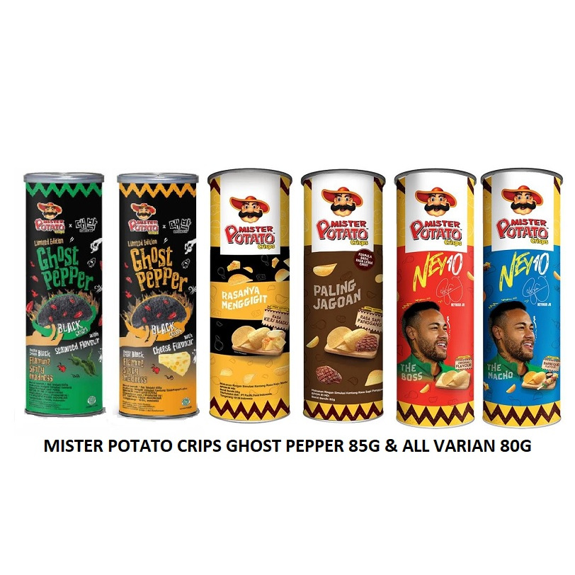 

Mister Potato Crisps 80GR Ghost Pepper Seaweed Black Cheese Original Sapi Panggang Barbeque Keju Madu Camilan Keripik Kentang