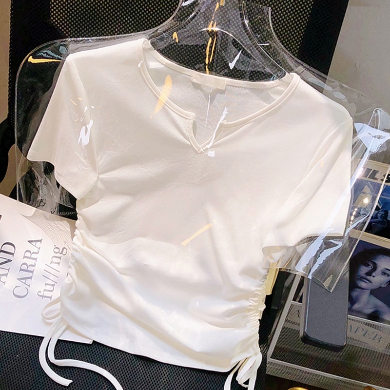 T-Shirt Potong Wanita Korea/T-Shirt V-Neck Wanita Premium/T-shirt elastis dengan tali serut/Atasan P