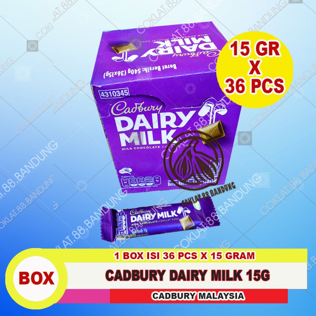 

CADBURY DAIRY MILK 1 BOX 36 PCS X 15 GRAM, CADBURY 15GR DAIRY MILK CHOCOLATE, CADBURY MINI 15 GR