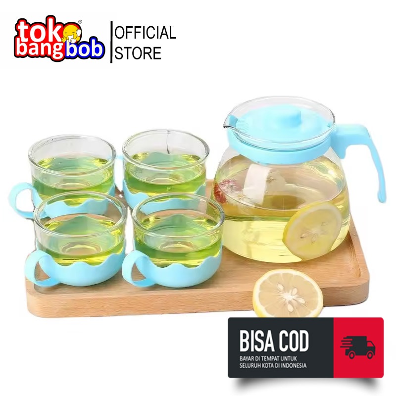 Teapot sun set glass Teko Set 5pcs non Saringan / Teapot-with Glass Infuser Tea / Tea Pot