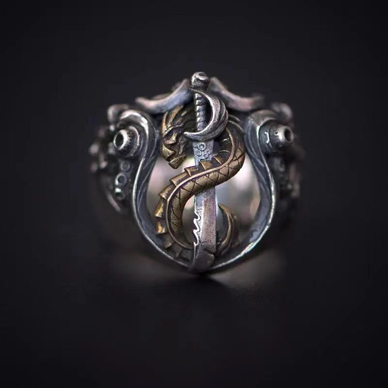 Cincin Naga Pedang - Thick Silver Gold Dragon Sword Ring Resizable Adjustable Bilgewater Inspired LO